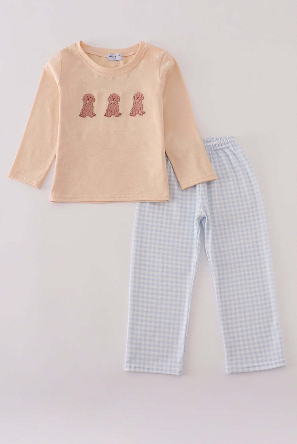 Cream Puppy Embroidery Boy’s Pants Set