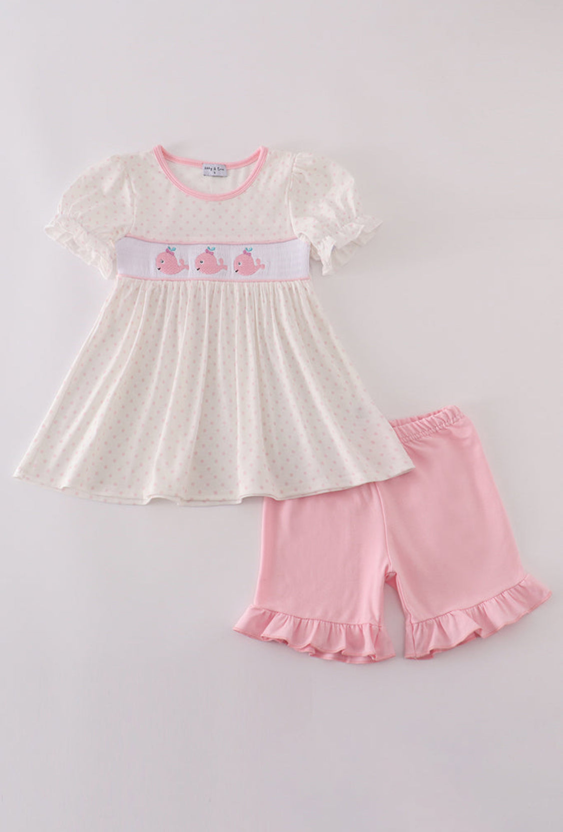 Pink Whale Embroidery Smocked Ruffle Girl’s Short Set