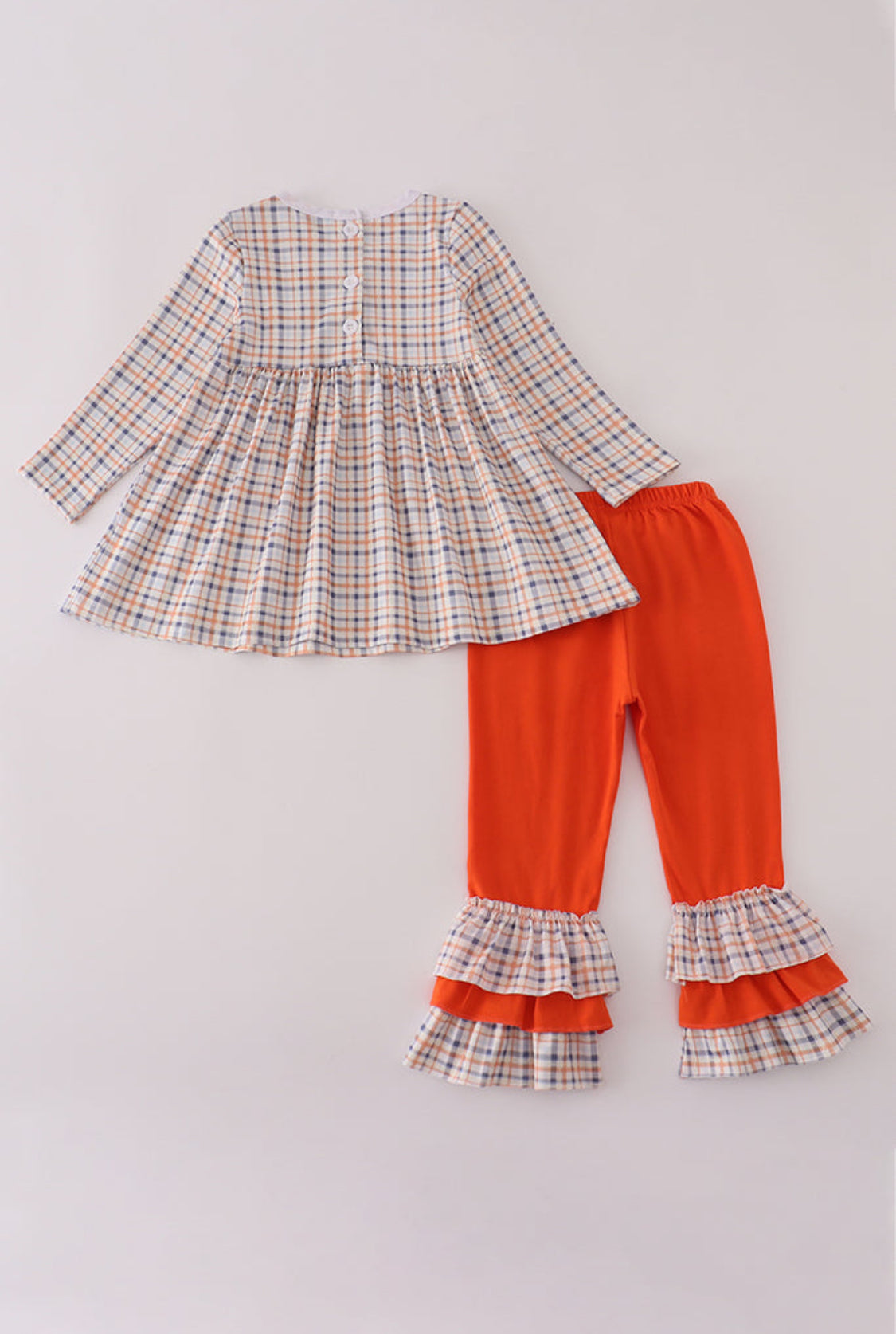 Orange Turkey Embroidery Plaid Ruffle Girl’s Pants Set