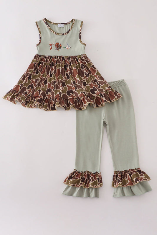 Green Camouflage Hunting Embroidery Ruffle Girl’s Pants Set