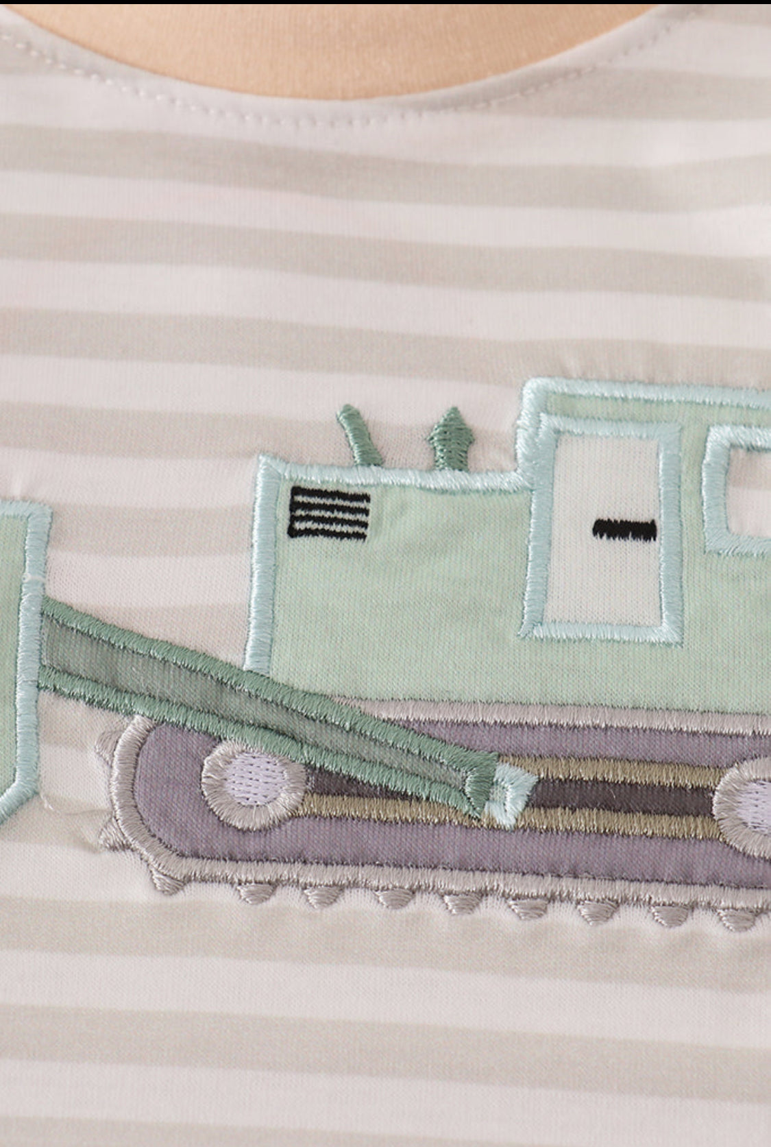 Cream Excavator Appliqué Stripe Boy’s Romper