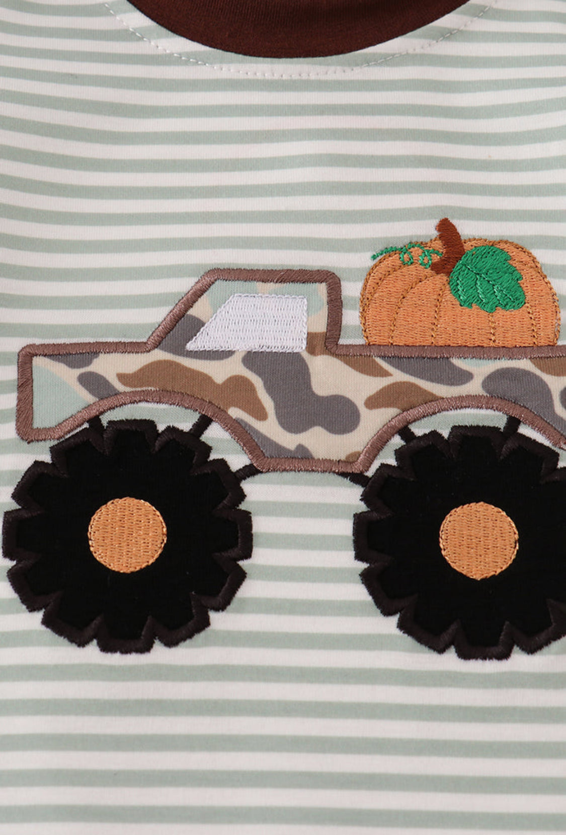 Camouflage Truck Pumpkin Appliqué Stripe Boy’s Romper
