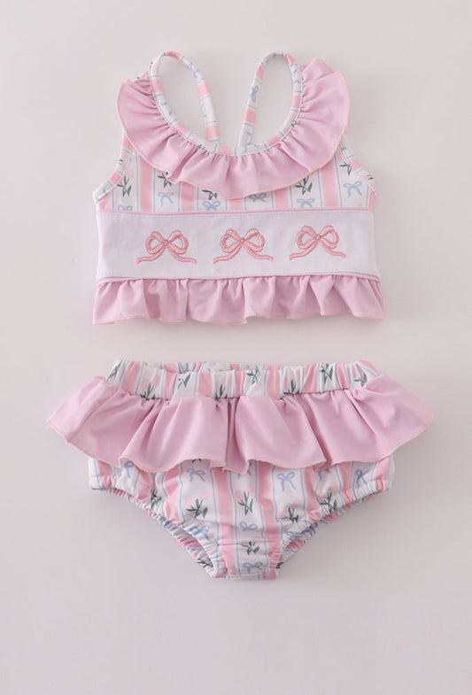 Pink Bow Embroidery 2pc swimsuit set UPF50+