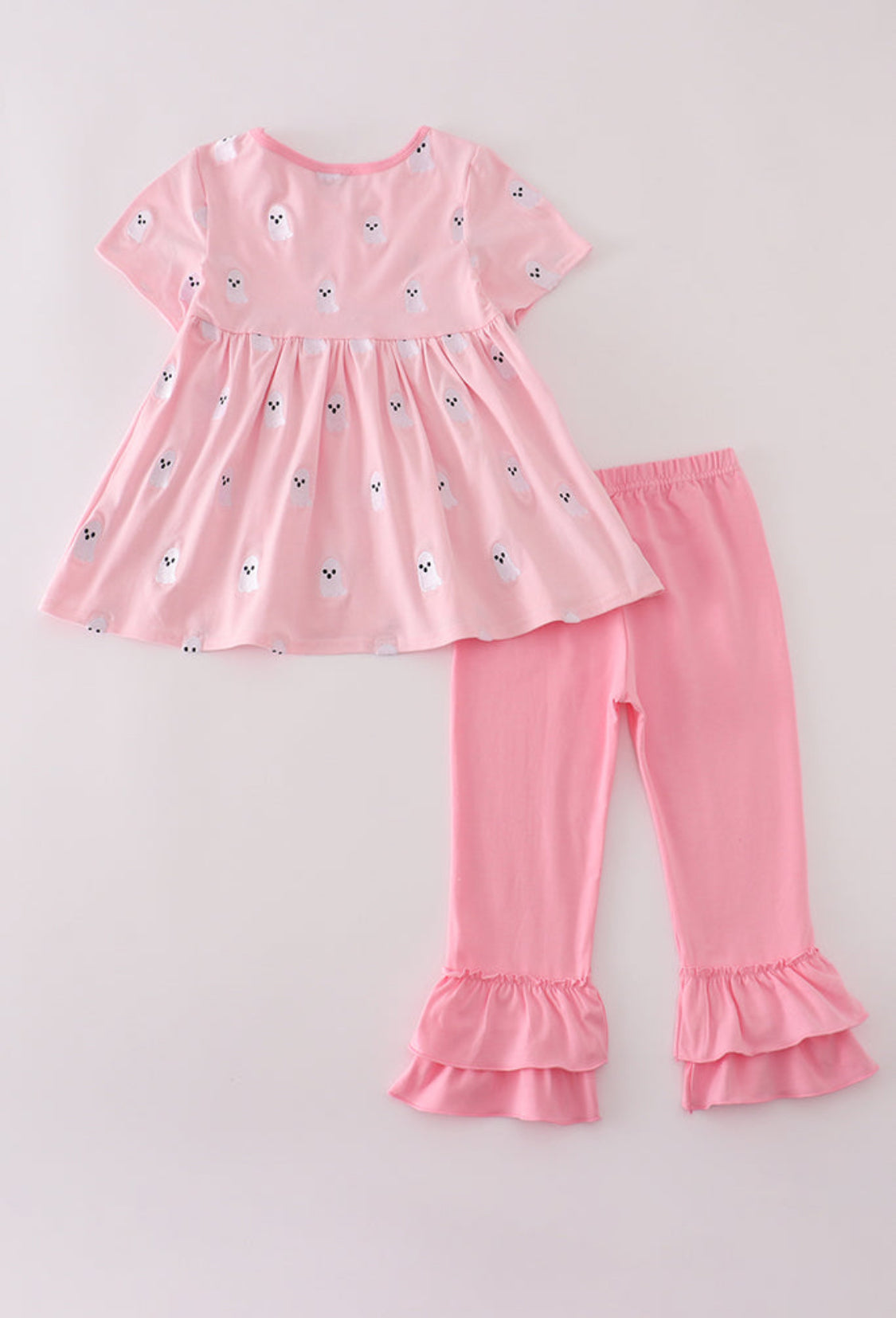 Pink Ghost Embroidery Ruffle Girl’s Pants Set