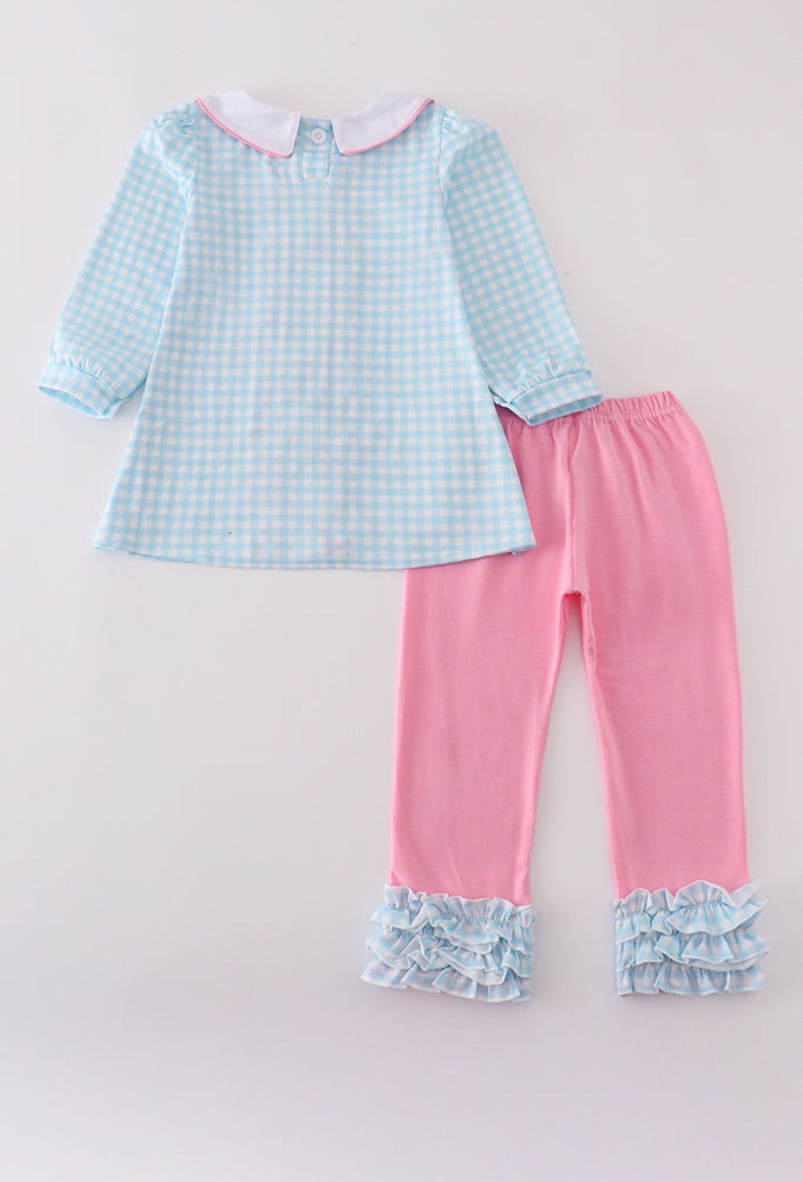 Blue Farm Embroidery Gingham Ruffle Girl’s Pants Set