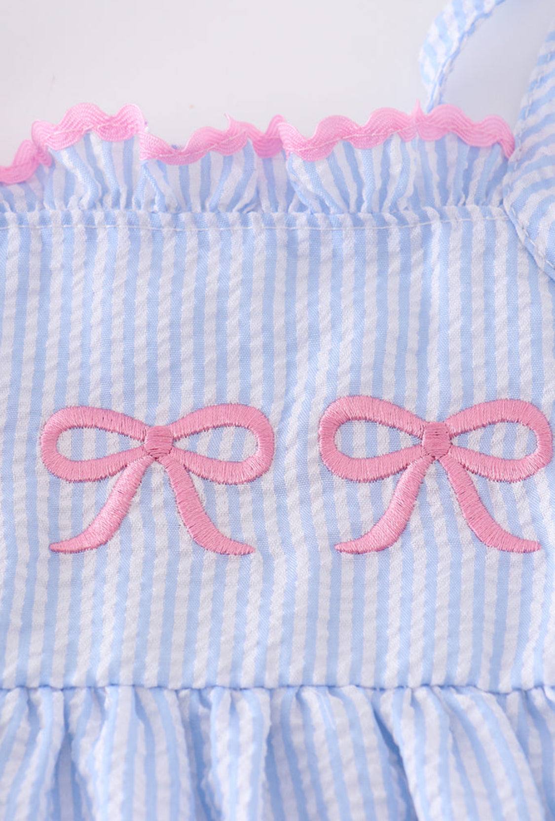 Blue Stripe Seersucker Bow Embroidery Girl’s Dresd