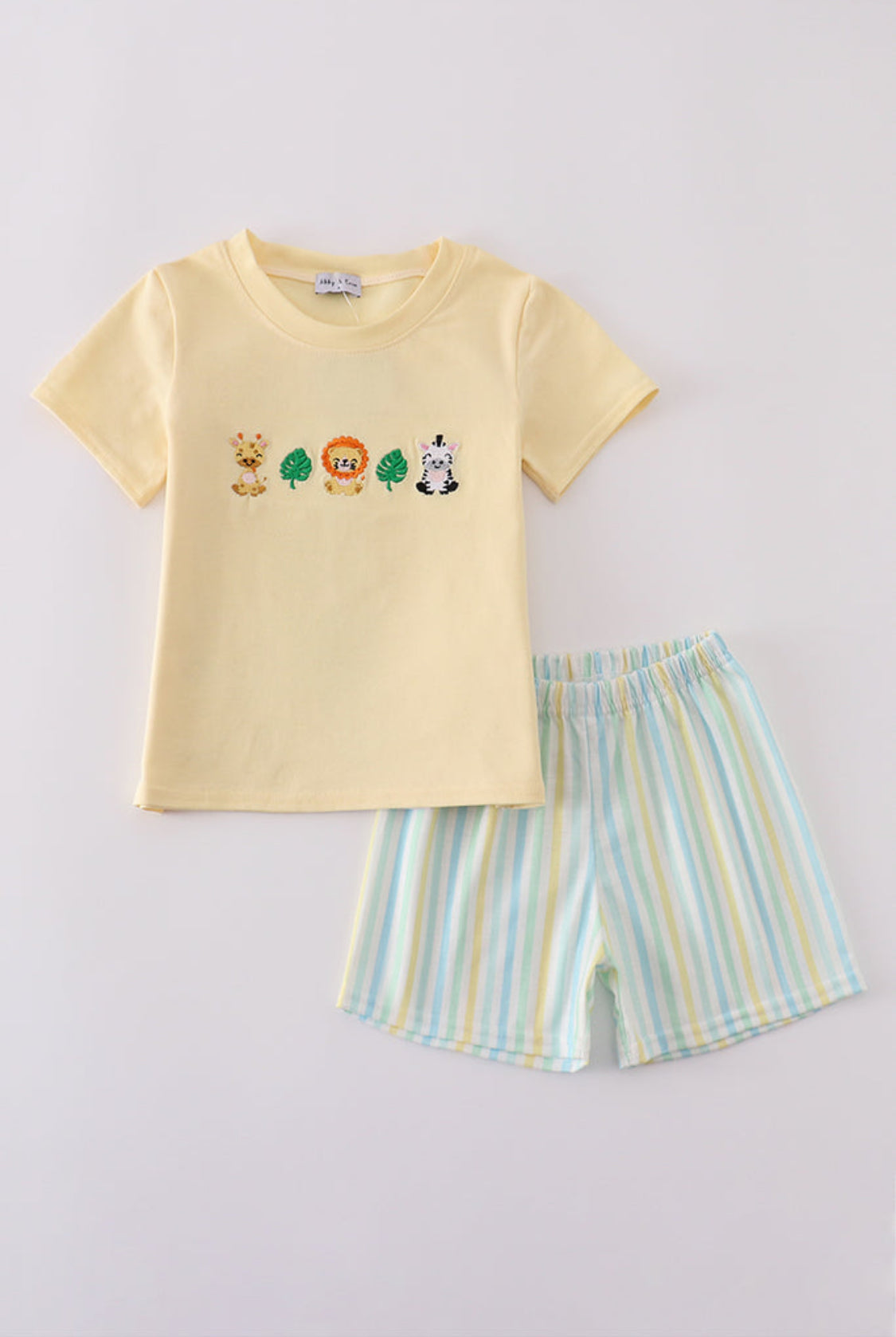 Yellow Stripe Animal Embroidery Boy’s Short Set