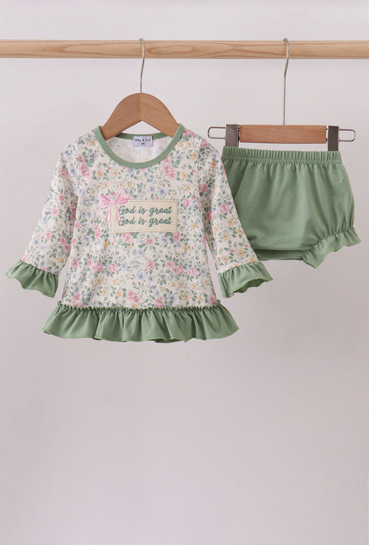Green Floral “God is Great” Embroidery Ruffle Girl’s Bloomer Set
