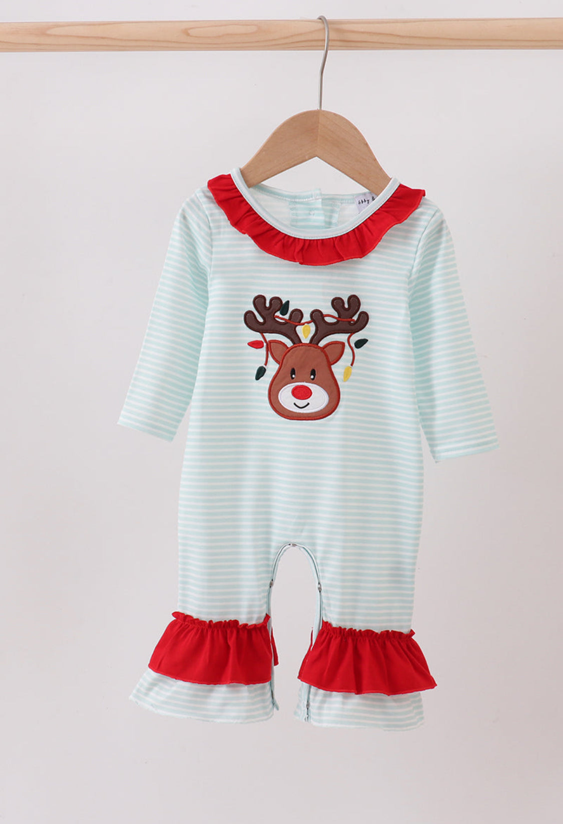 Blue Reindeer Applique Stripe Ruffle Girl’s Romper