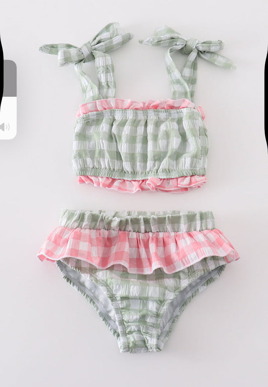 Green Seersucker Gingham 2pc Girl’s Swimsuit