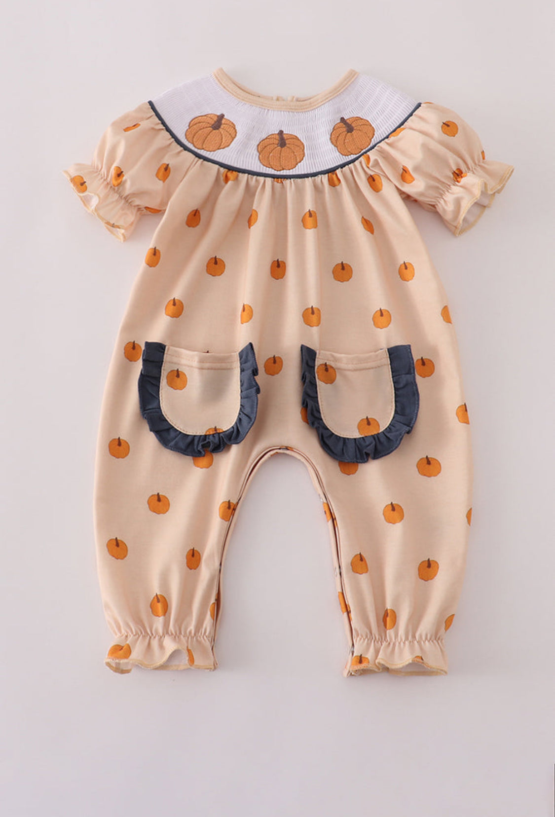 Khaki Embroidery Smocked Girl’s Romper