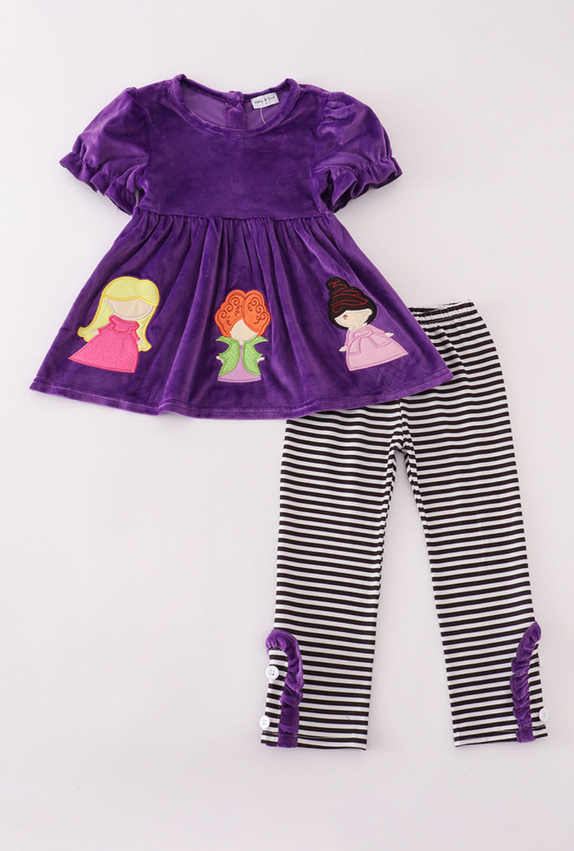 Purple Halloween Witch Appliqué Velvet Girl’s Pants Set