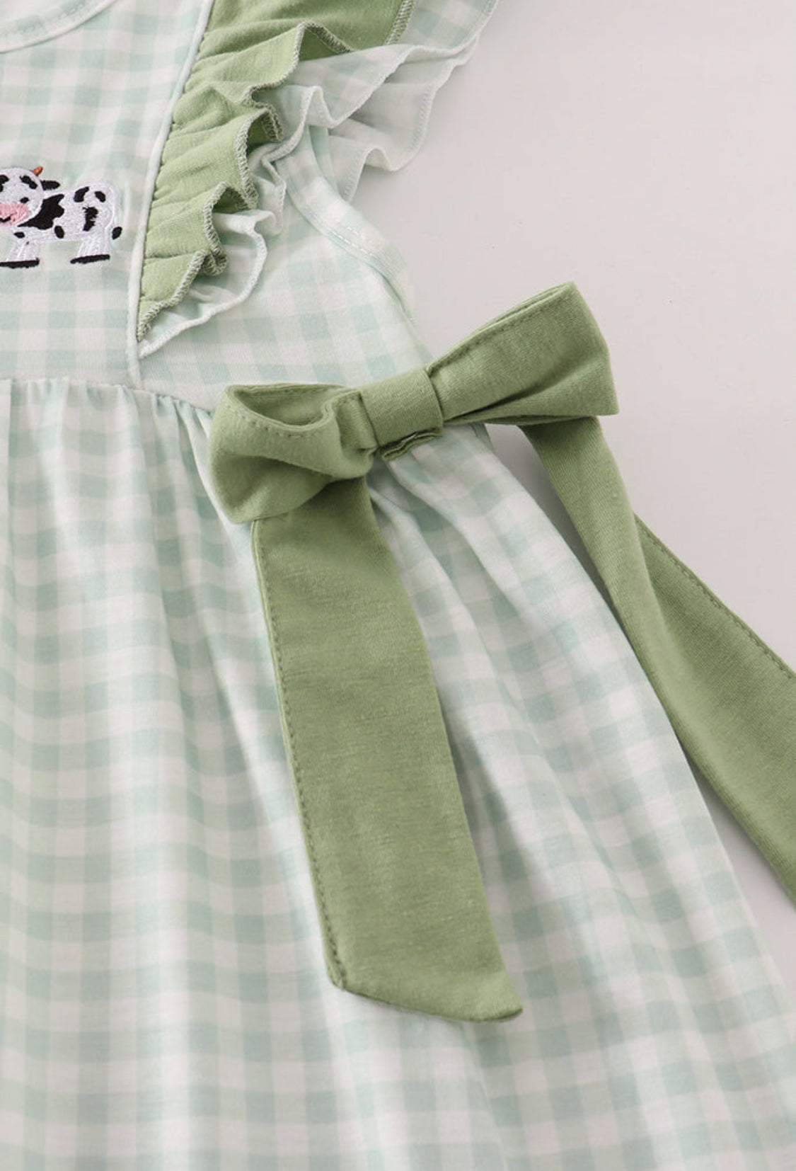 Green Farm Cow Embroidery Gingham Ruffled Girl’s Dress