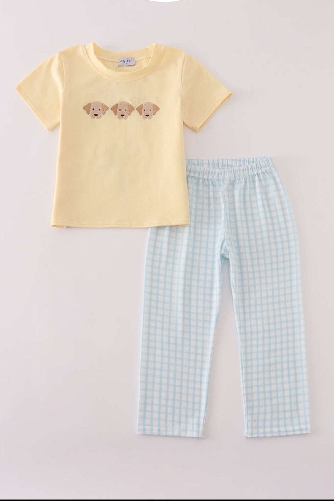 Yellow Puppy Embroidery Gingham Boy’s Pants Set