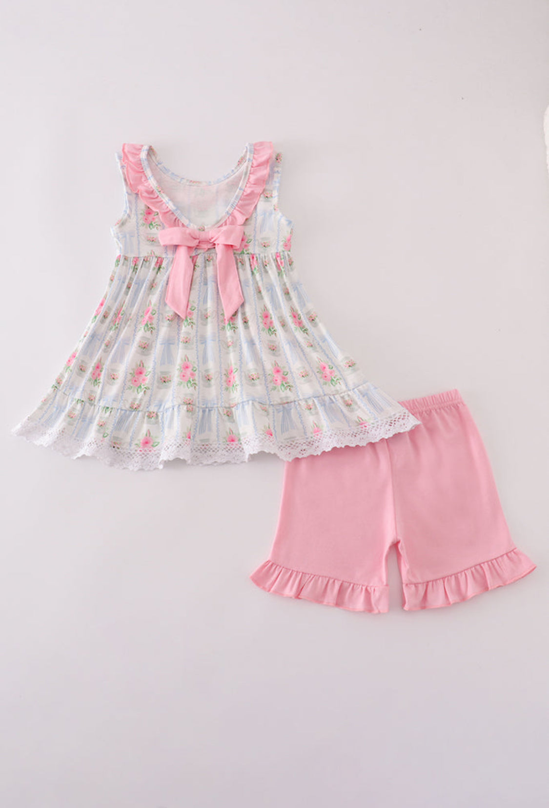 Tea Floral Bow Ruffle Girl’s Shorts Set