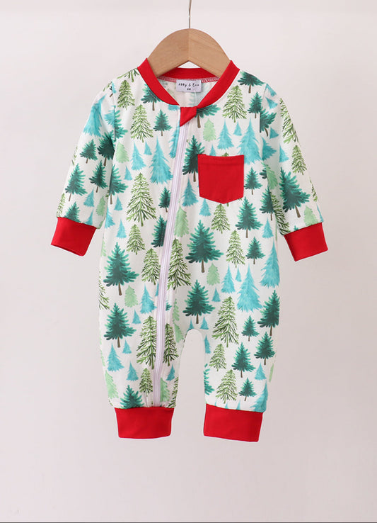 Green Christmas Tree Print Boy’s Romper Pajamas