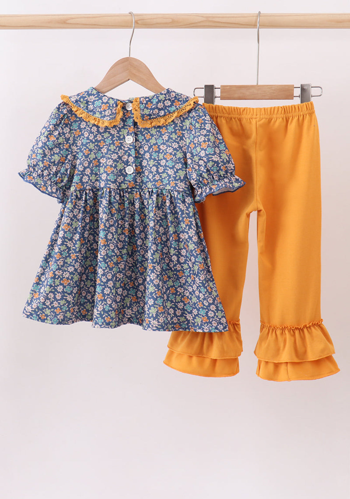 Navy Floral Smocked Ruffle Girl’s Pants Set