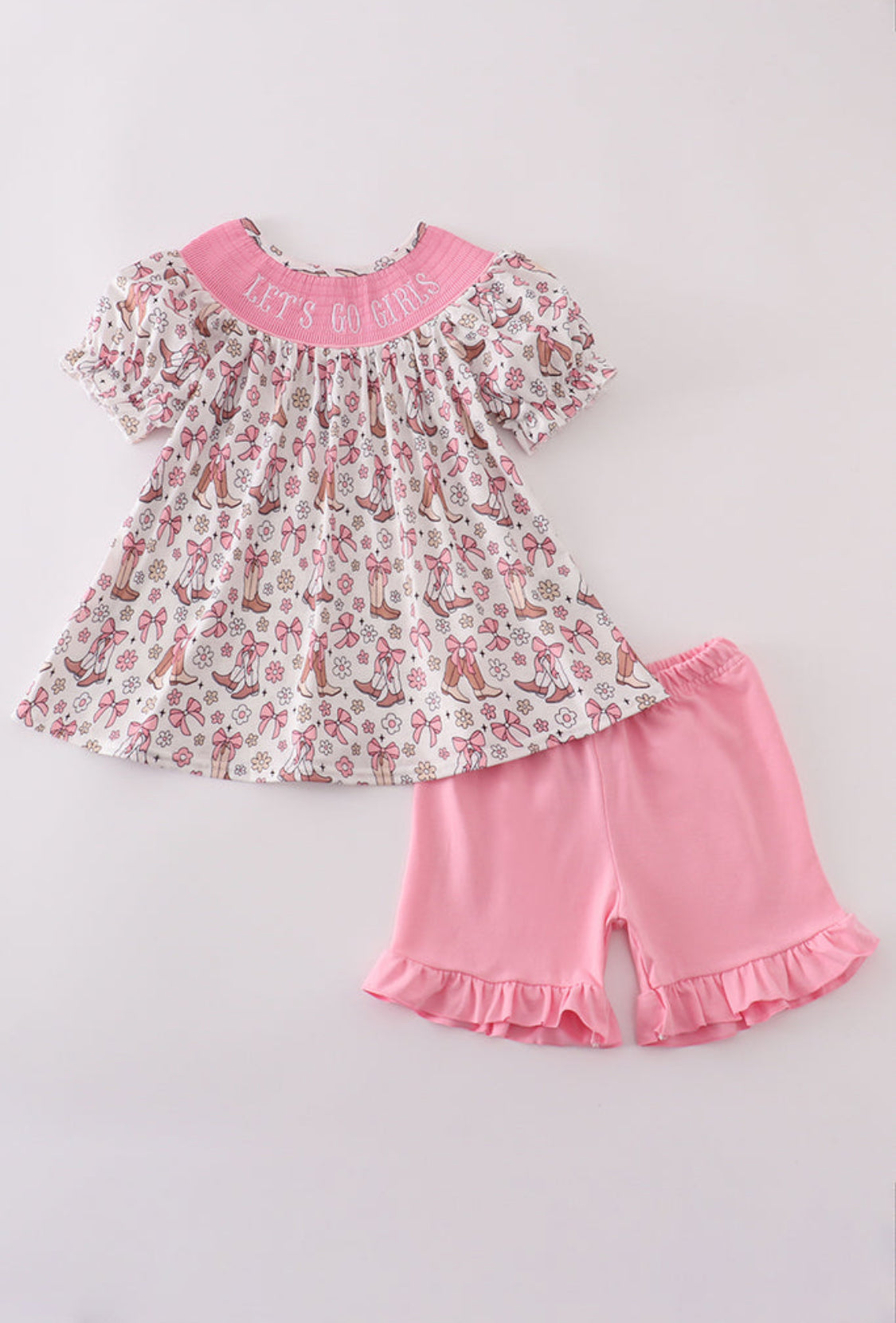 Pink Let’s Go Girls Boots Bow Floral Smocked Girl’s Shorts Set