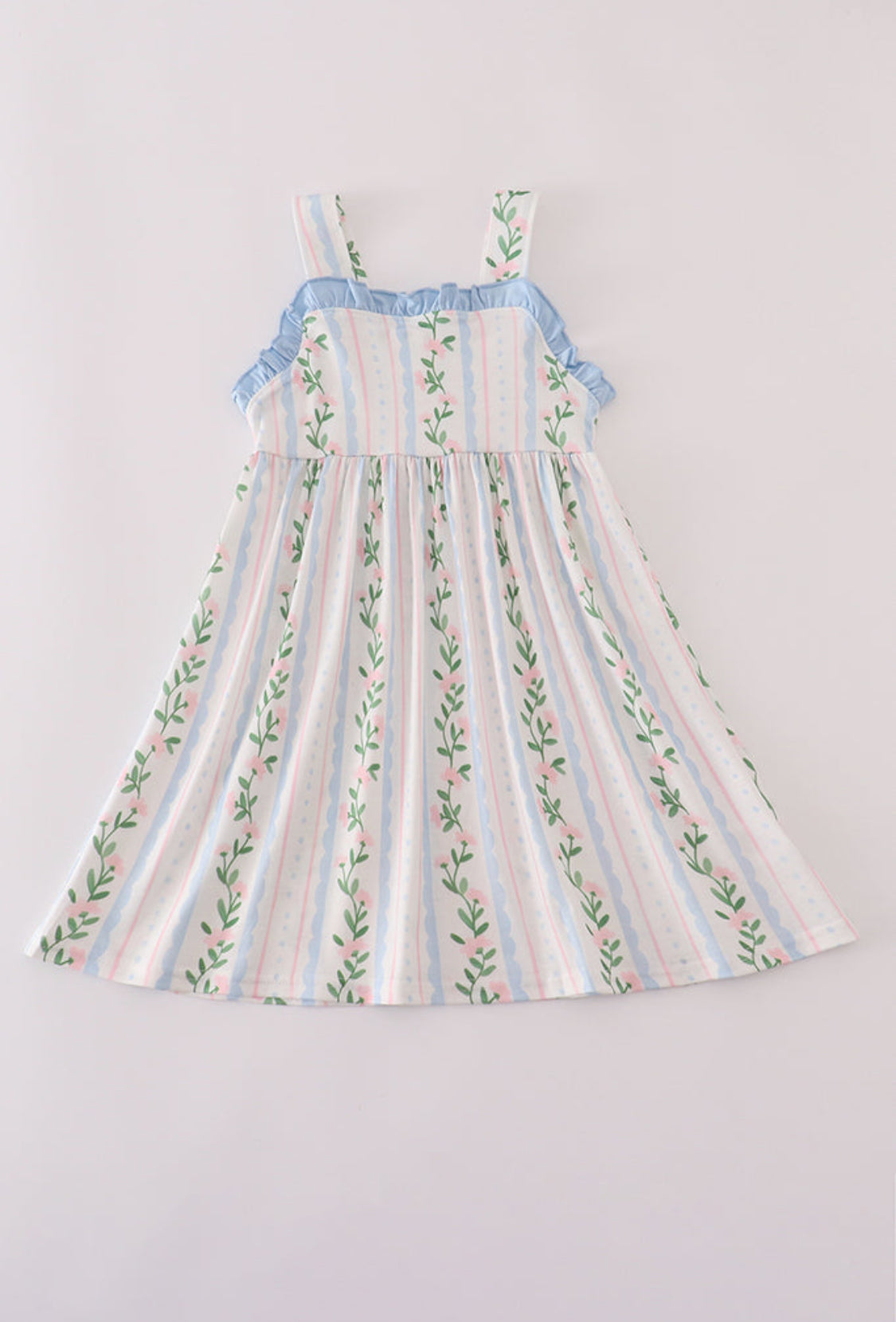 Blue Floral Print Ruffle Girl’s Dress