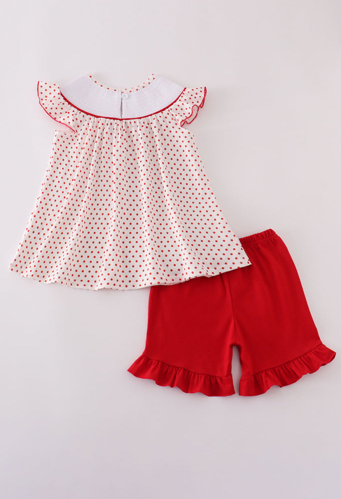 Red Dot Strawberry Embroidery Smocked Girl’s Shorts Set