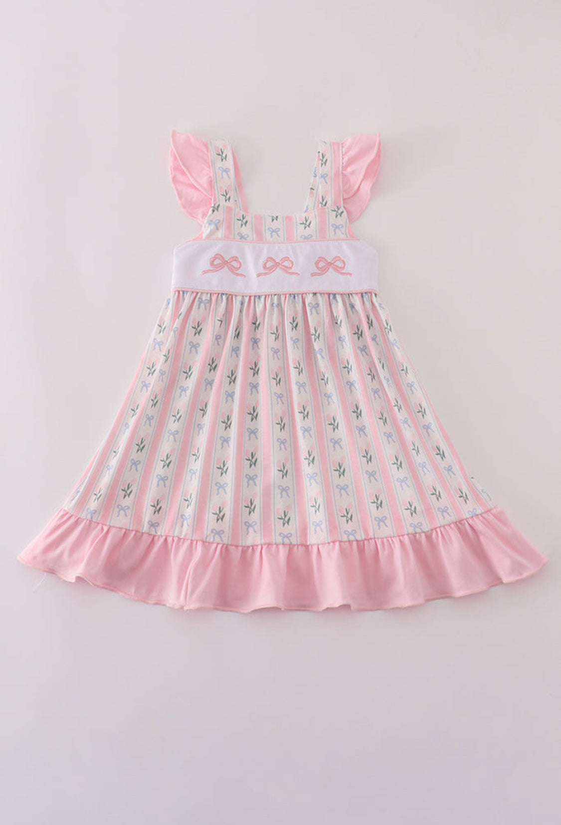 Pink Bow Embroidery Ruffle Dress