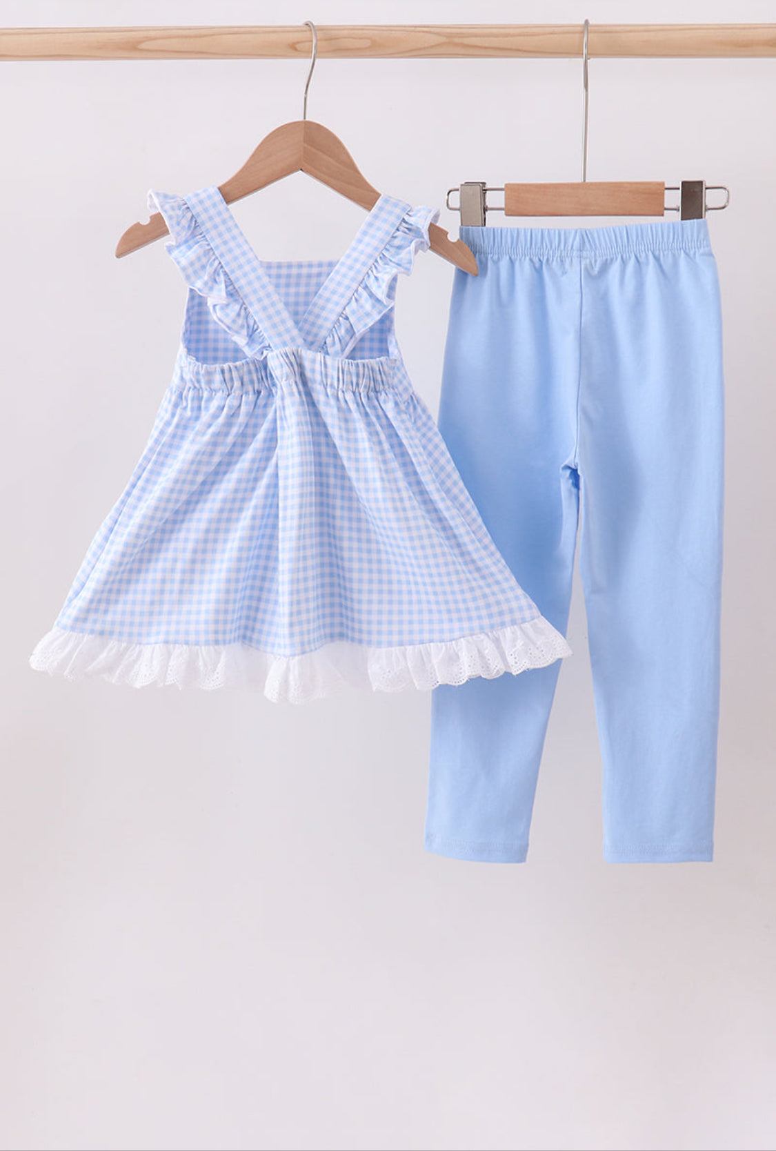Premium Blue Snowman Embroidery Gingham Ruffle Girl’s Pants Set