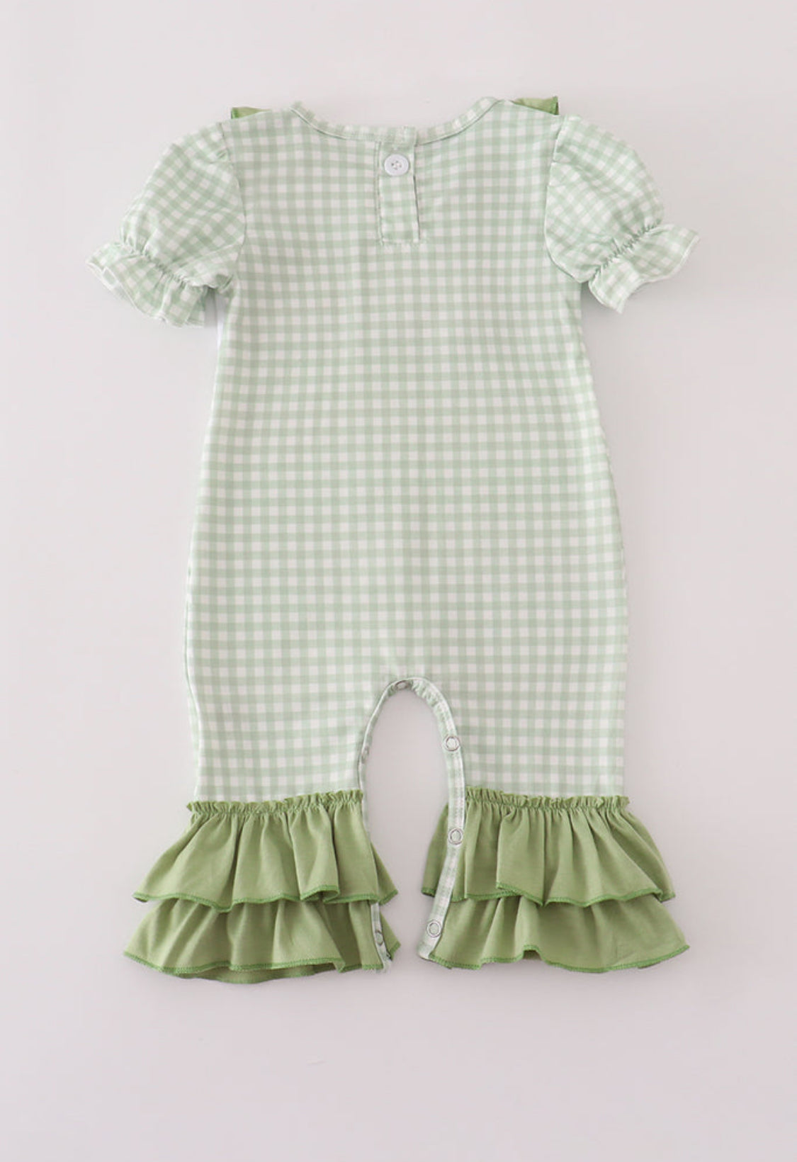 Sage Turkey Embroidery Gingham Ruffle Girl’s Romper