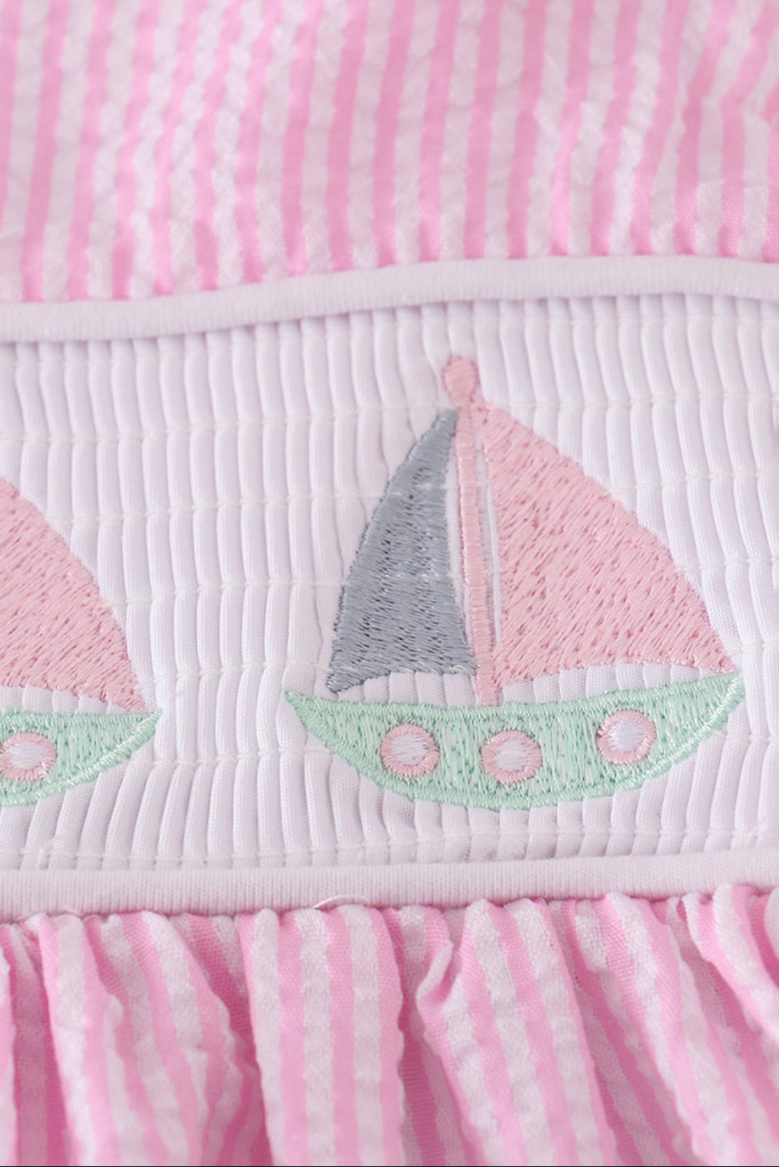 Pink Stripe Seersucker Sailboat Embroidery Smocked Girl’s Dress