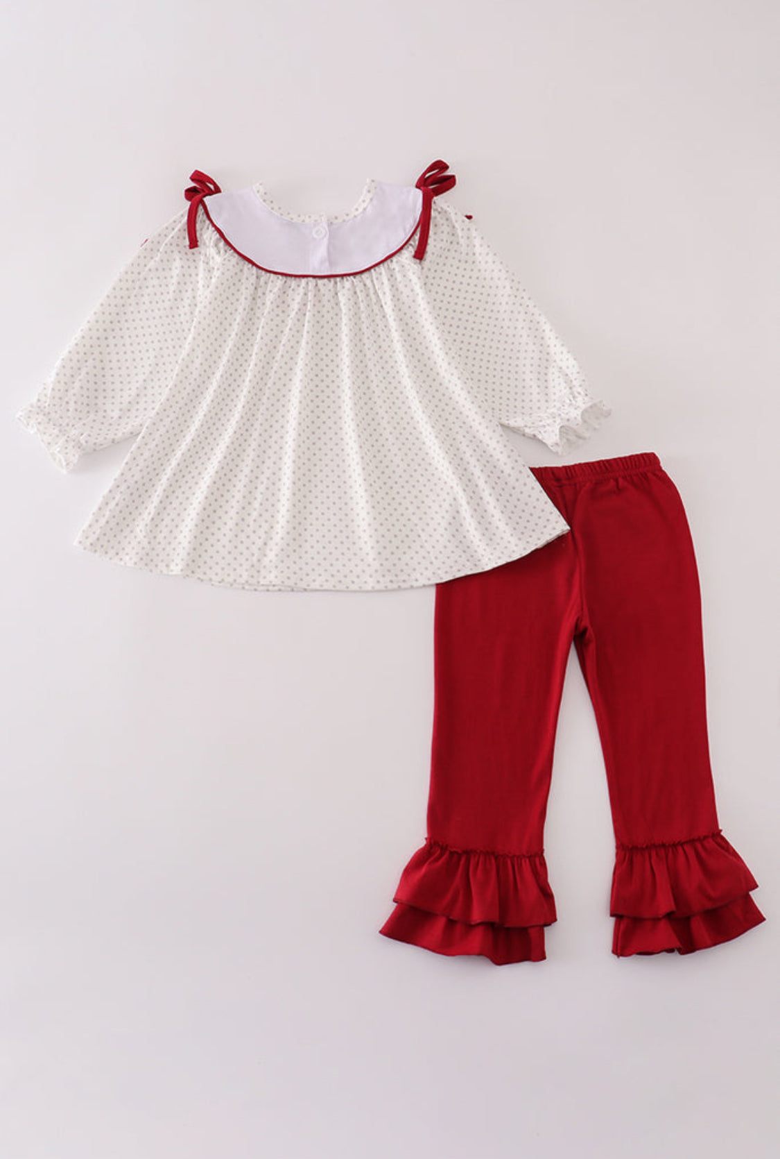 Maroon Alabama Embroidery Dot Ruffle Girl’s Pants Set