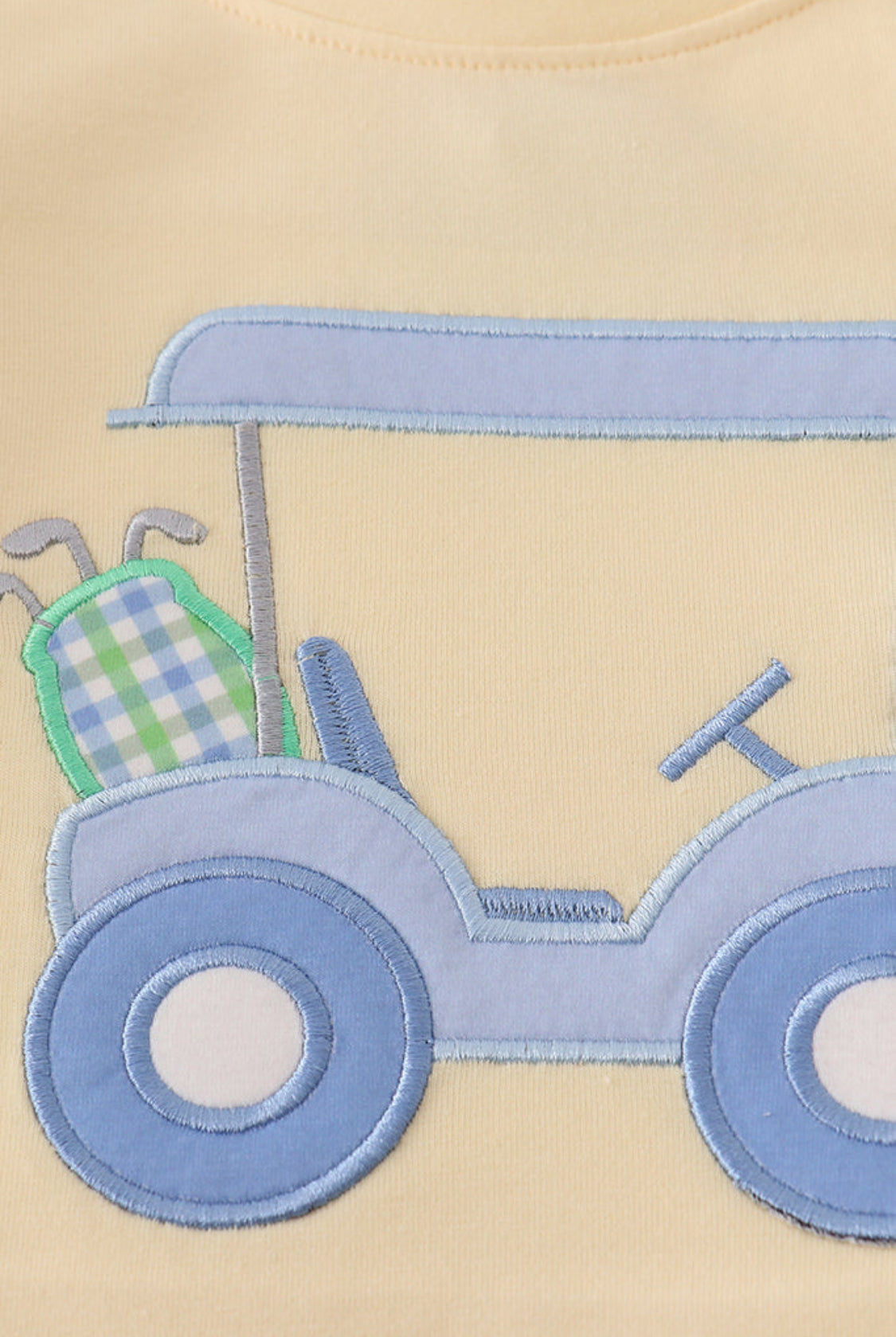Yellow Golf Cart Appliqué Gingham Boy’s Shorts Set