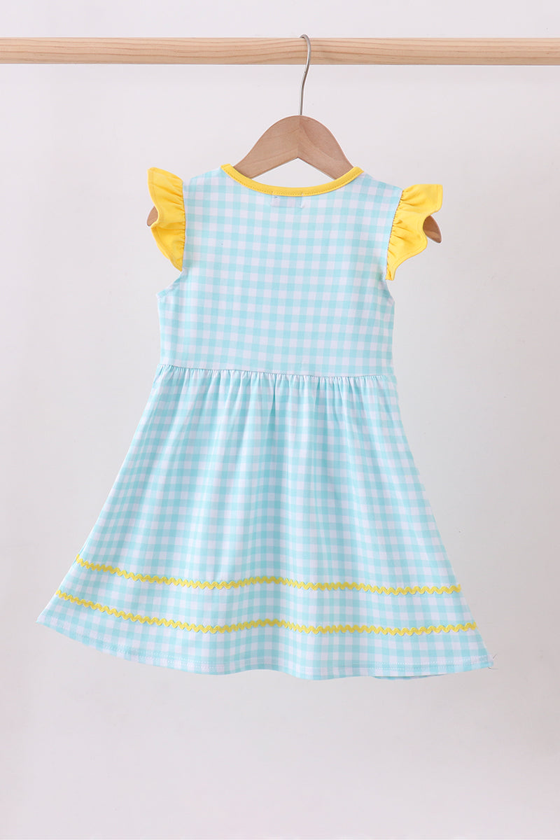 Blue gingham butterfly & bee pocket flutter dress