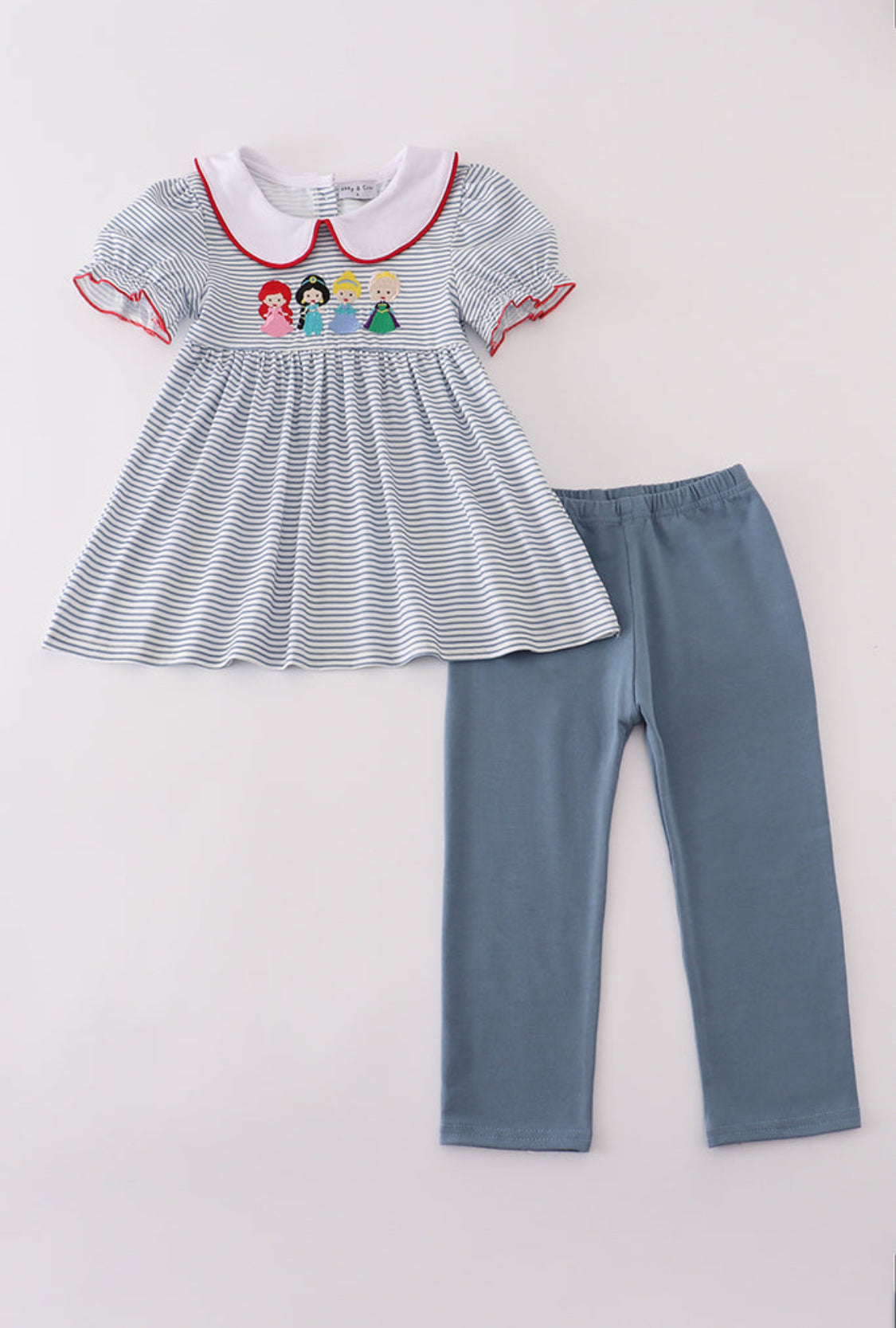 Blue Princess Embroidery Stripe Girl’s Pants Set