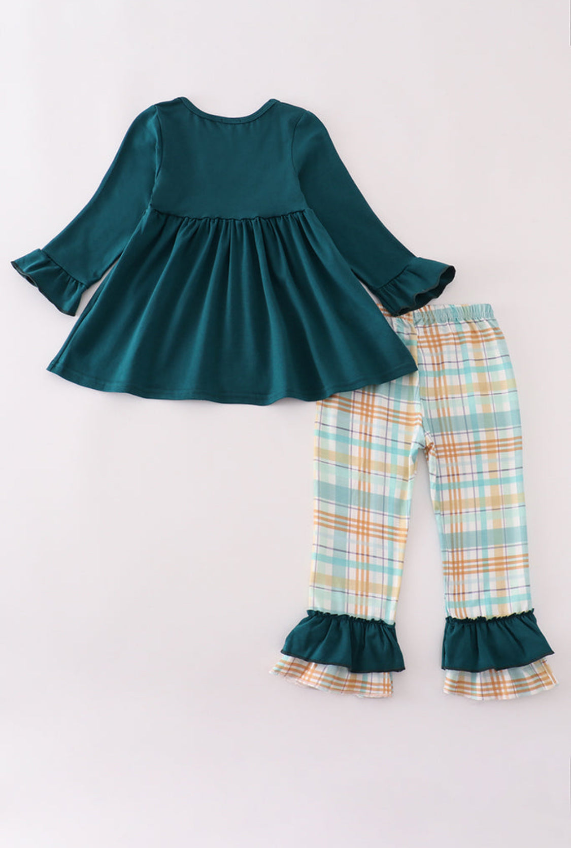 Blue Dinosaur Embroidery Plaid Ruffle Girl’s Pants Set