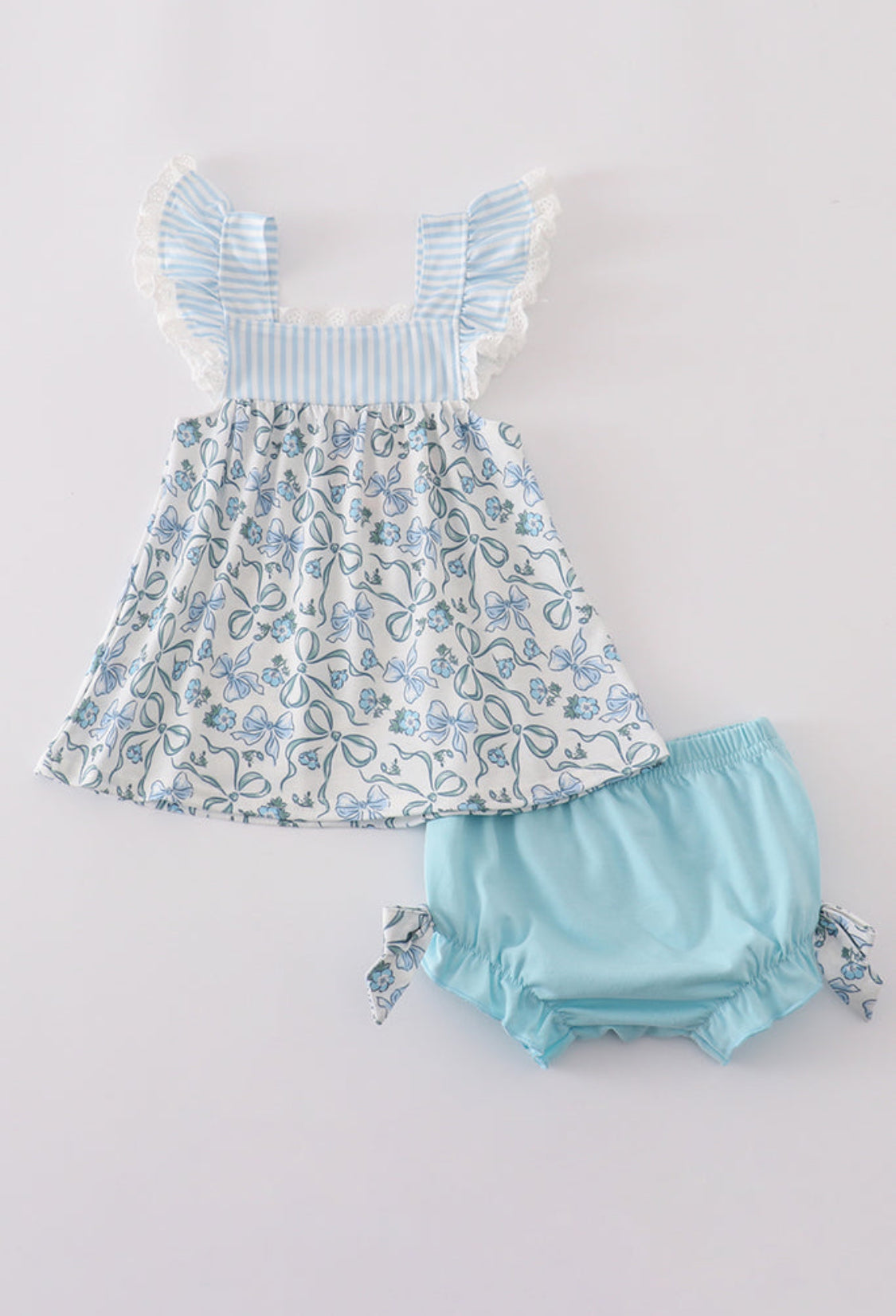 Blue Bow & Lace Print Ruffle Girl’s Bloomer Set