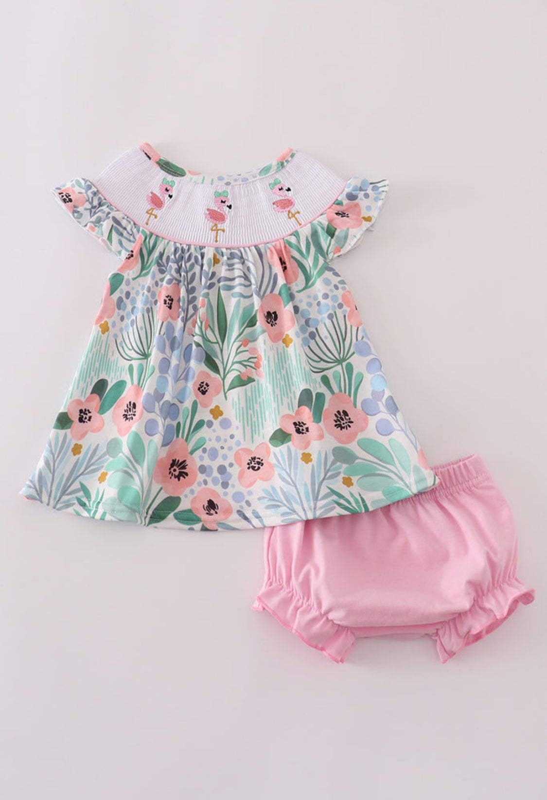 Floral Flamingo Embroidery Smocked Girl’s Bloomer Set