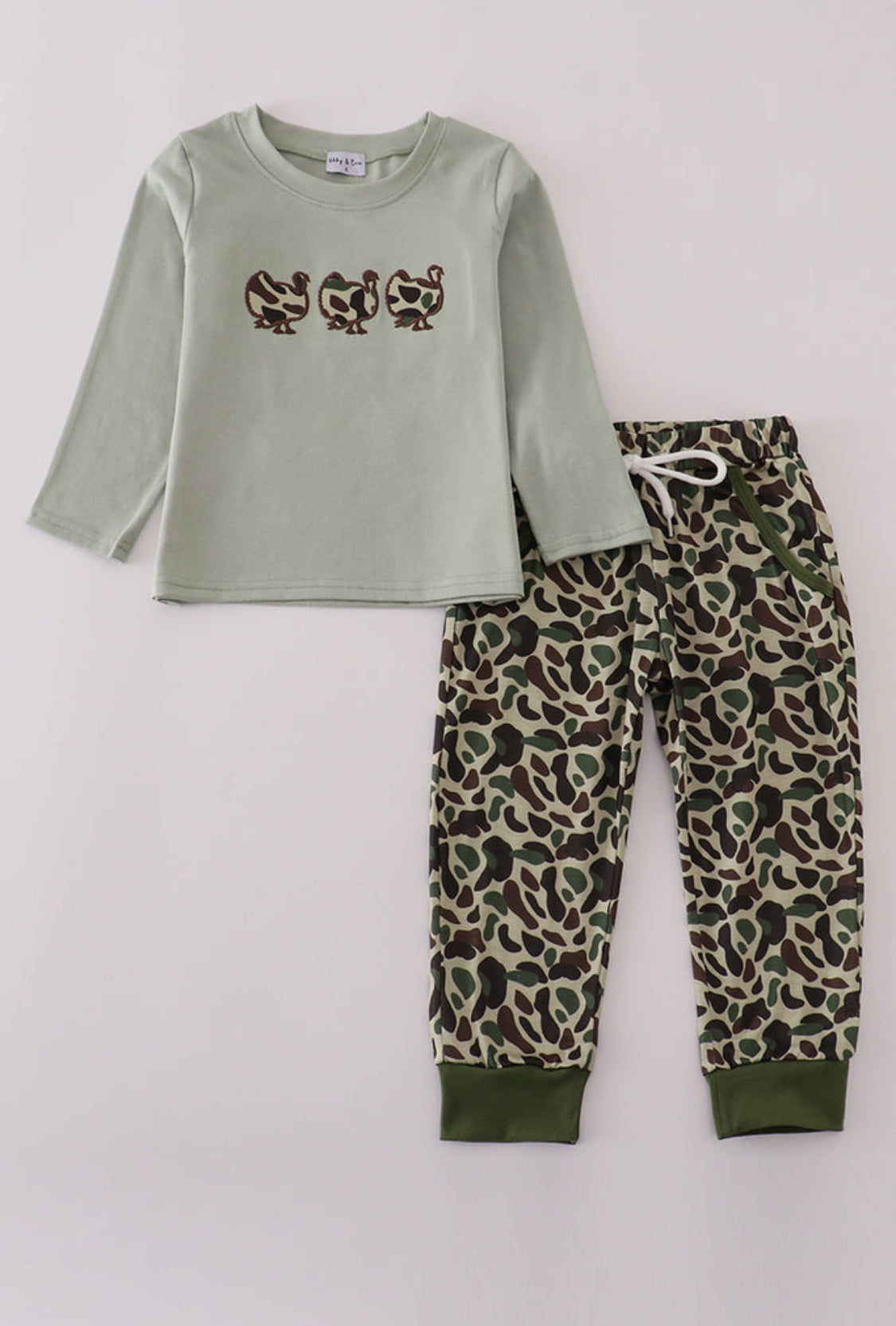 Sage Camouflage Turkey Applique Boy’s Pants Set