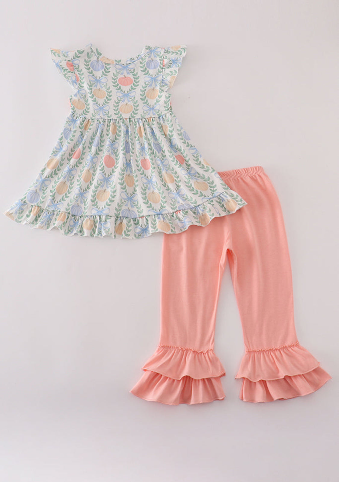 Green Bow Print Girl’s Ruffle Pants Set