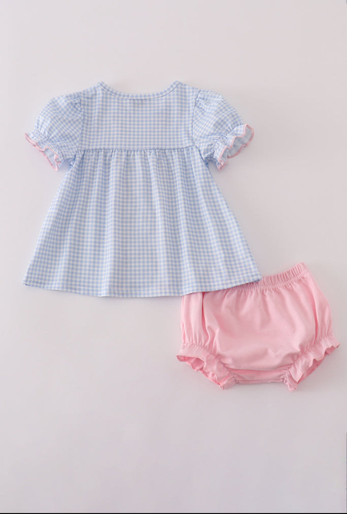 Blue Bow Embroidery Gingham Ruffle Girl’s Bloomer Set