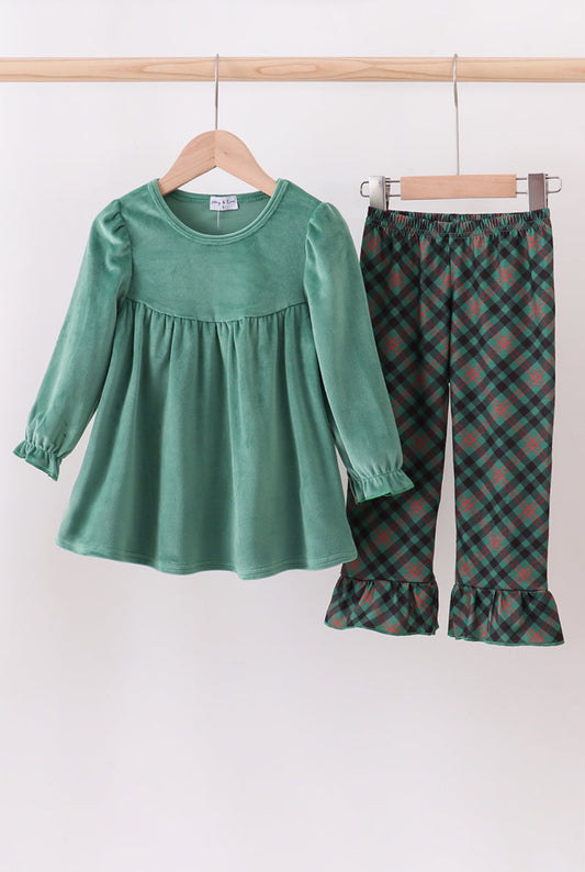 Forest Velvet Ruffle Girl’s Pants Set