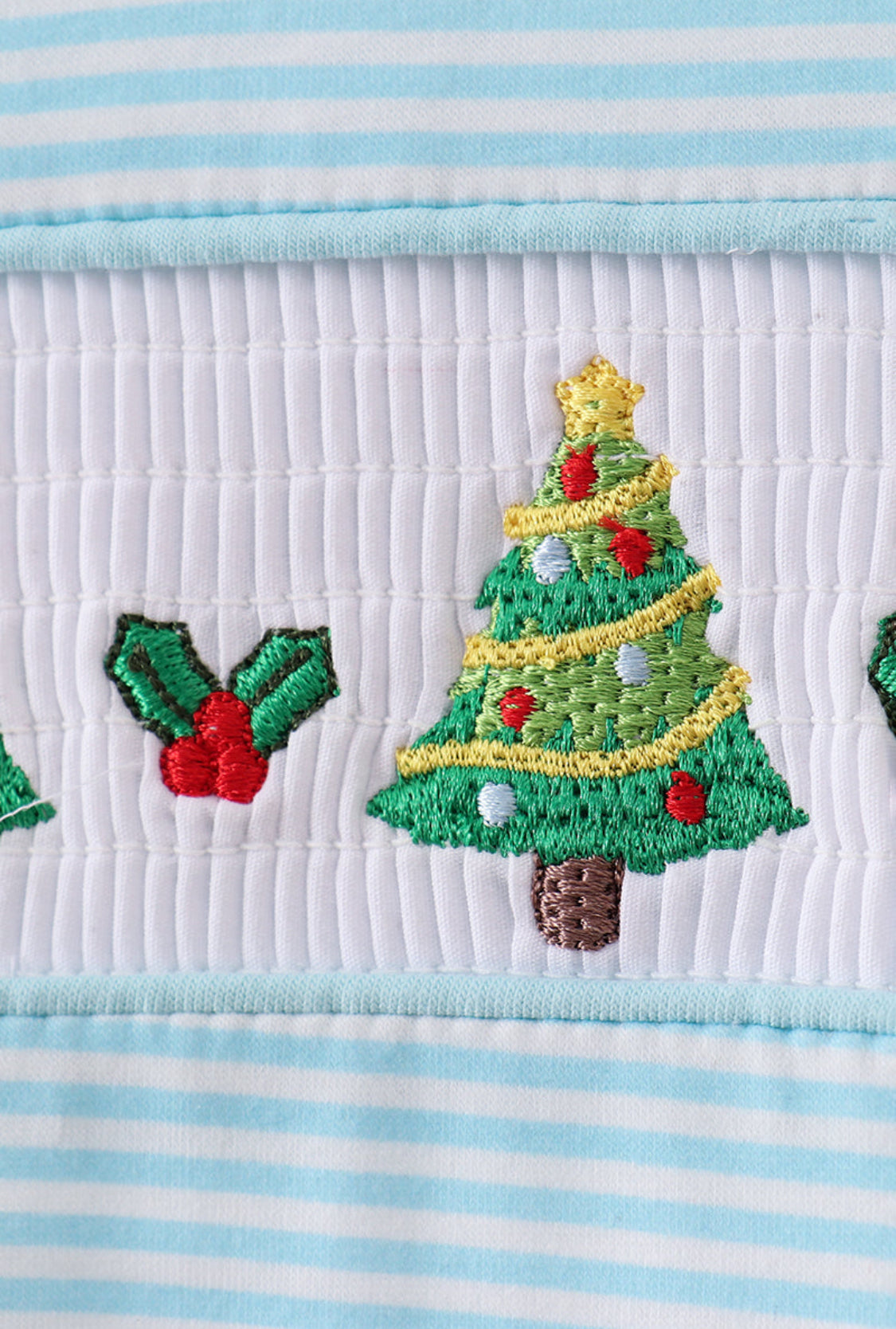 Blue Stripe Christmas Tree.Smocked Boy’s Romper