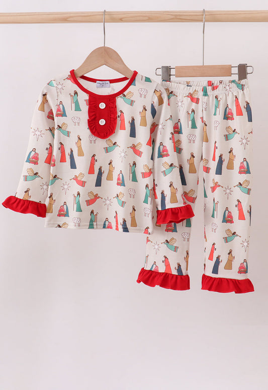 Nativity Print Ruffle Girl’s Pajamas Set
