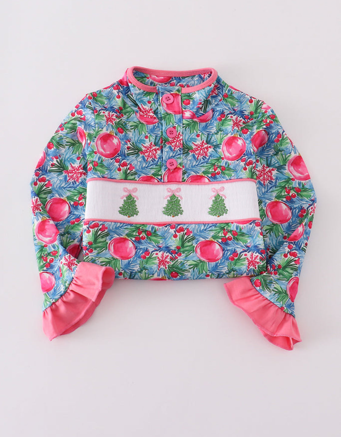 Blue Christmas Tree Smocked Ruffle Girl’s Pants Set