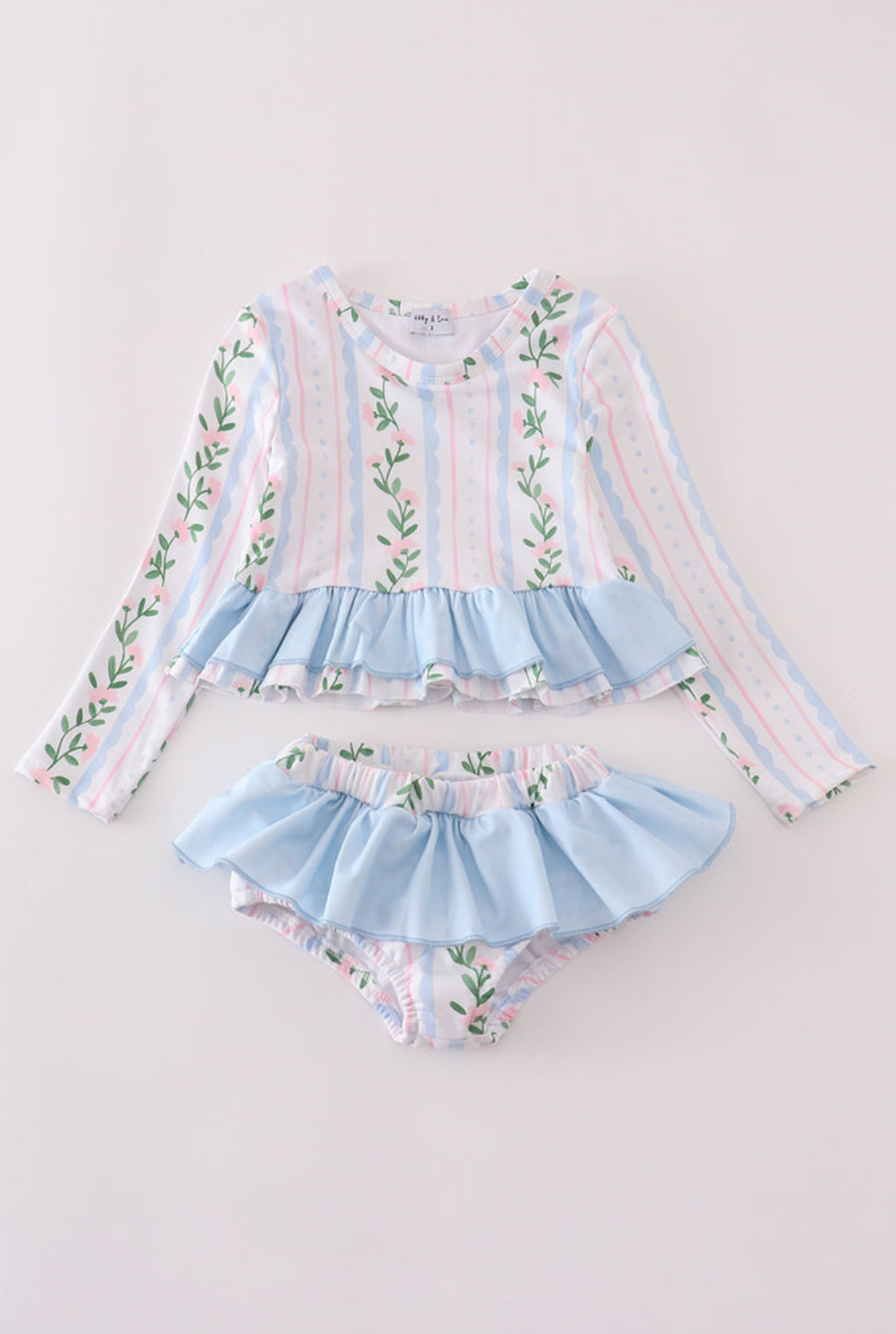Blue Floral Print Ruffle 2pc Rashguard, UPF50+ Girl’s Swimsuit