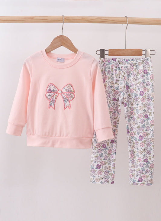 Pink Floral Bow Appliqué Girl’s Pants Set