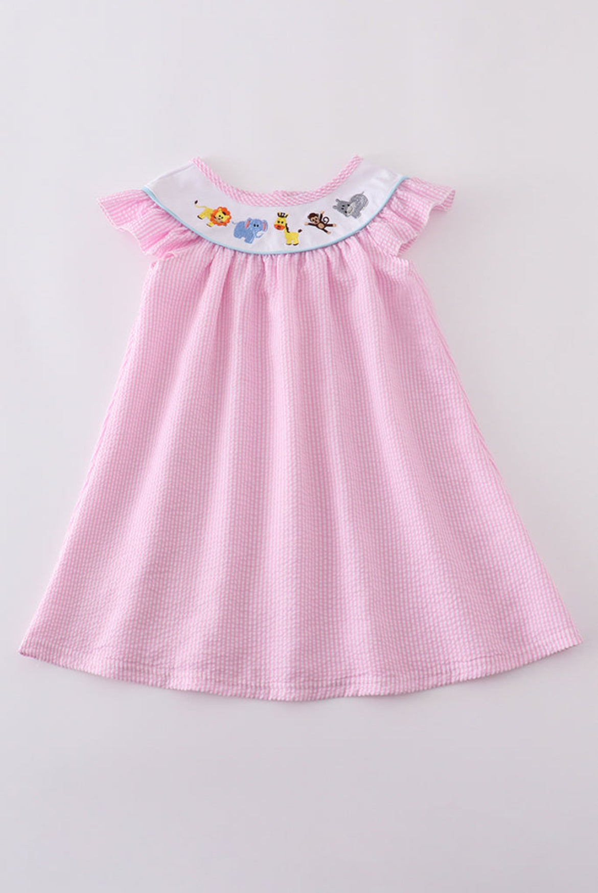 Pink Seersucker Animal Embroidery Girl’s Dress