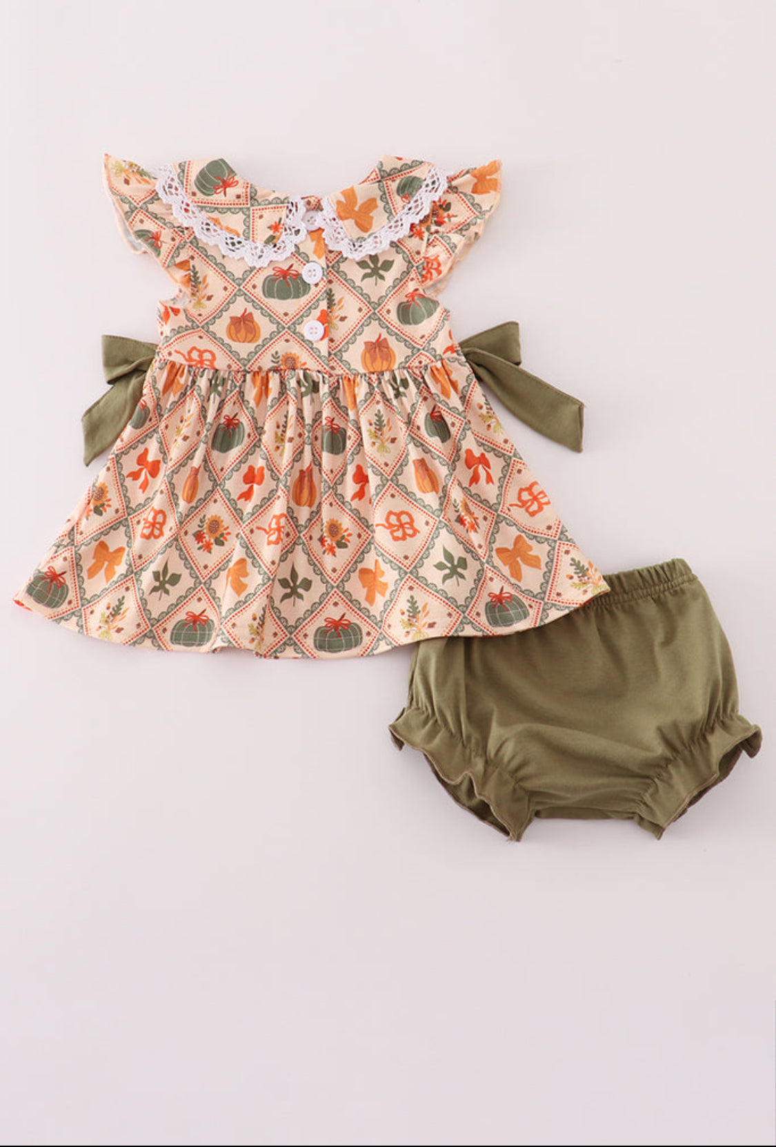 Green Pumpkin Bow Print Girl’s Bloomer Set