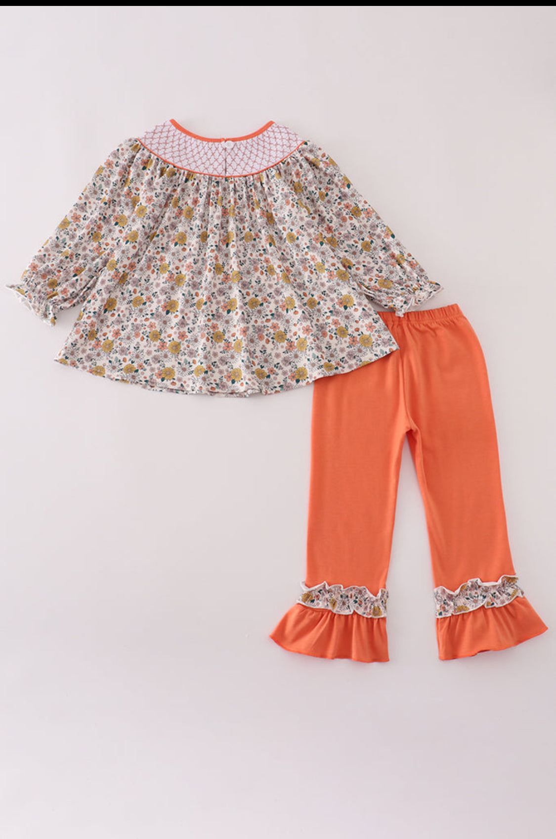 Floral Embroidery Smocked Ruffle Girl’s Pants Set