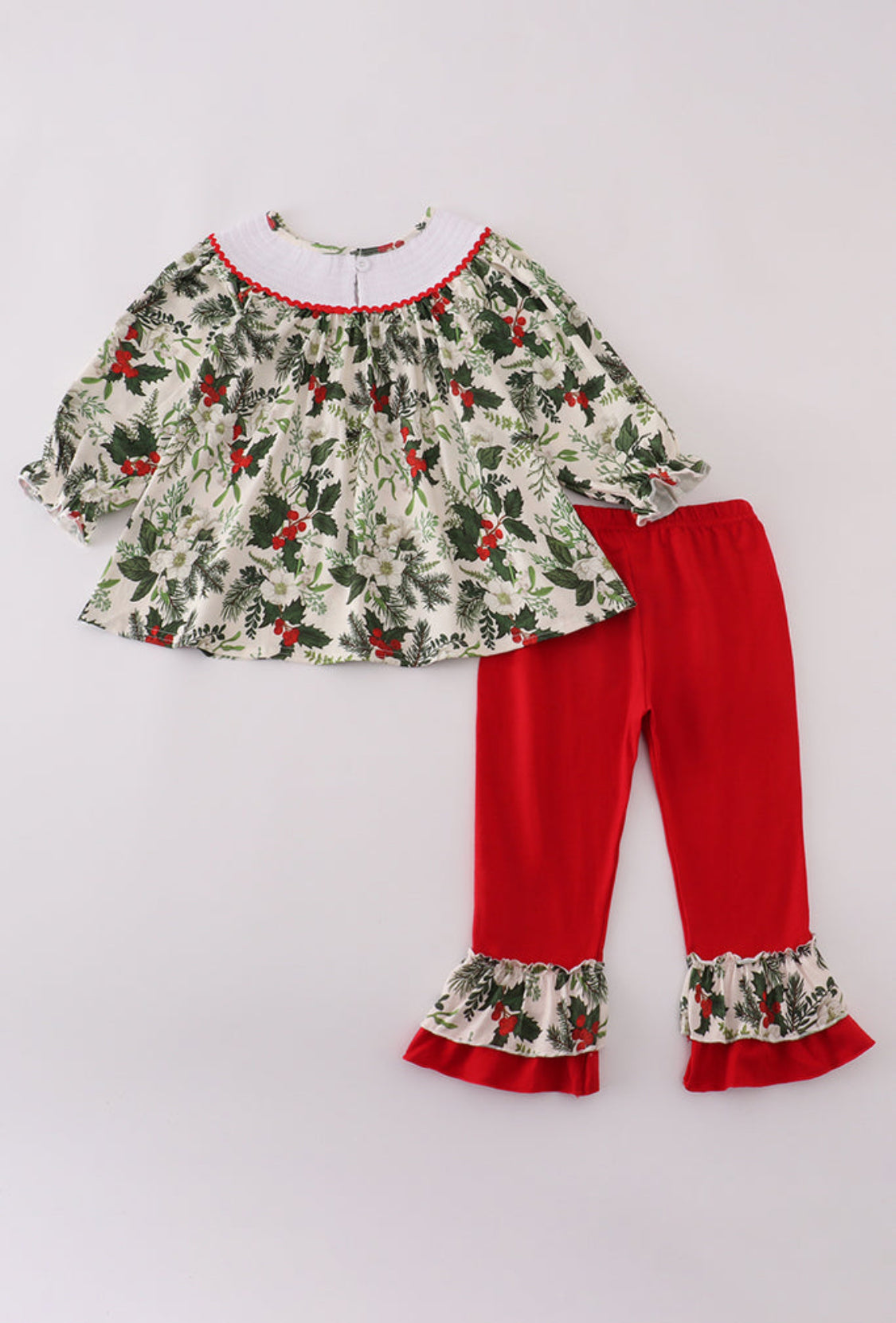 Green Holly Floral Smocked Ruffle Girl’s Pants Set