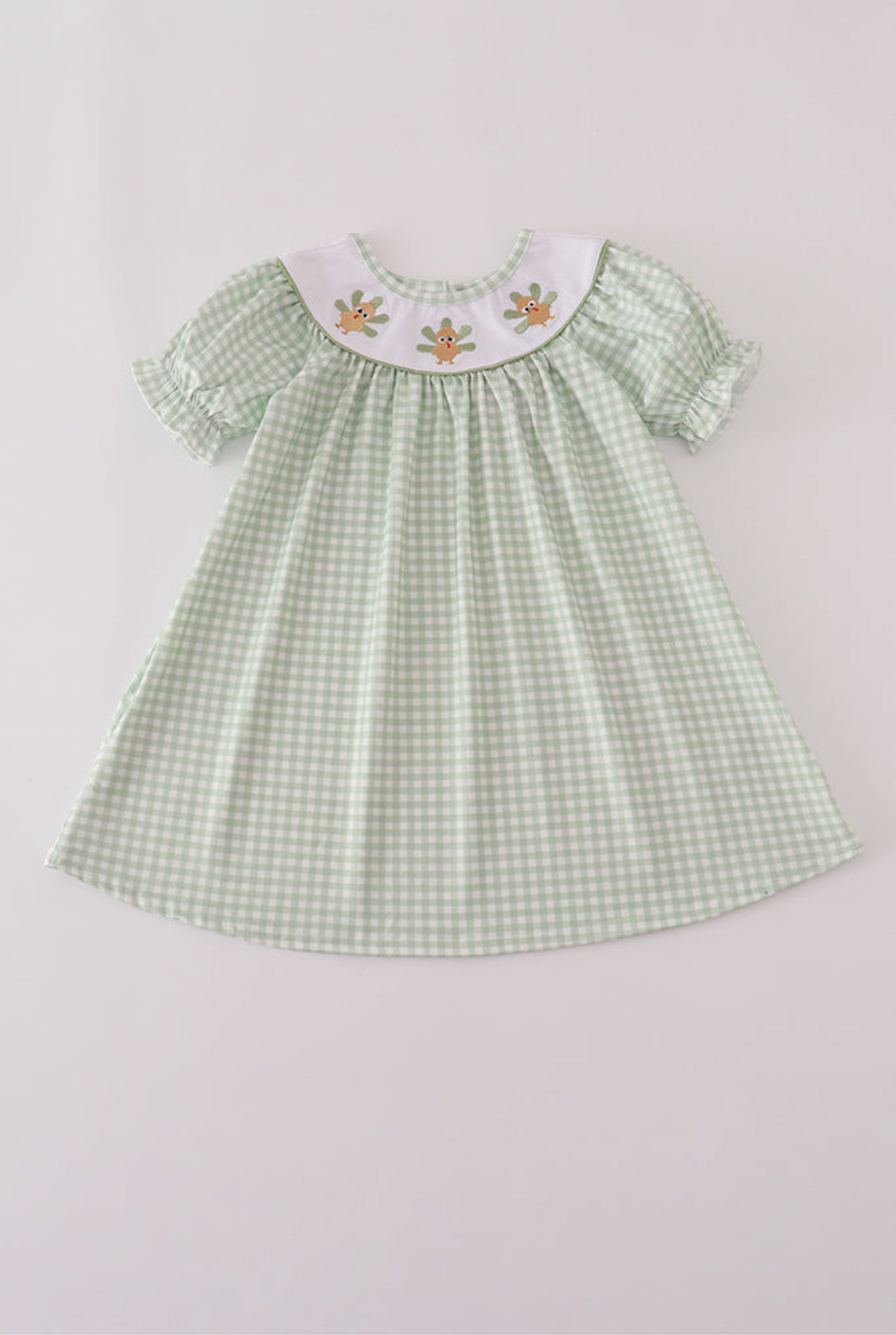 Sage Turkey Embroidery Gingham Dress