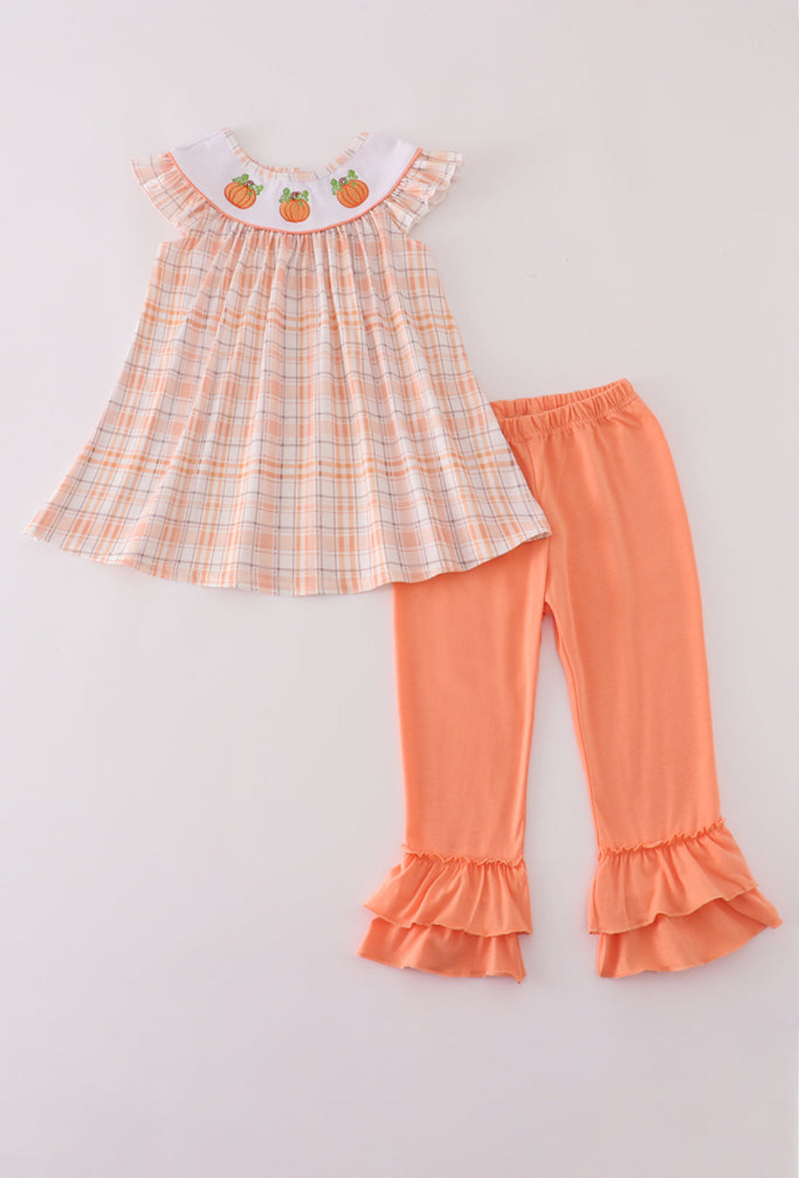 Orange Pumpkin Embroidery Plaid Ruffle Girl’s Pants Set